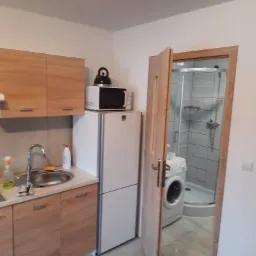 Niewielka kuchnia z drewnianymi szafkami i widokiem na łazienkę z kabiną prysznicową oraz pralką za otwartymi drzwiami