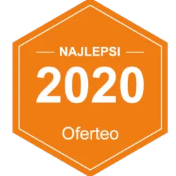 Pomarańczowa odznaka Oferteo 'Najlepsi 2020' z białą obwódką i białym tekstem.