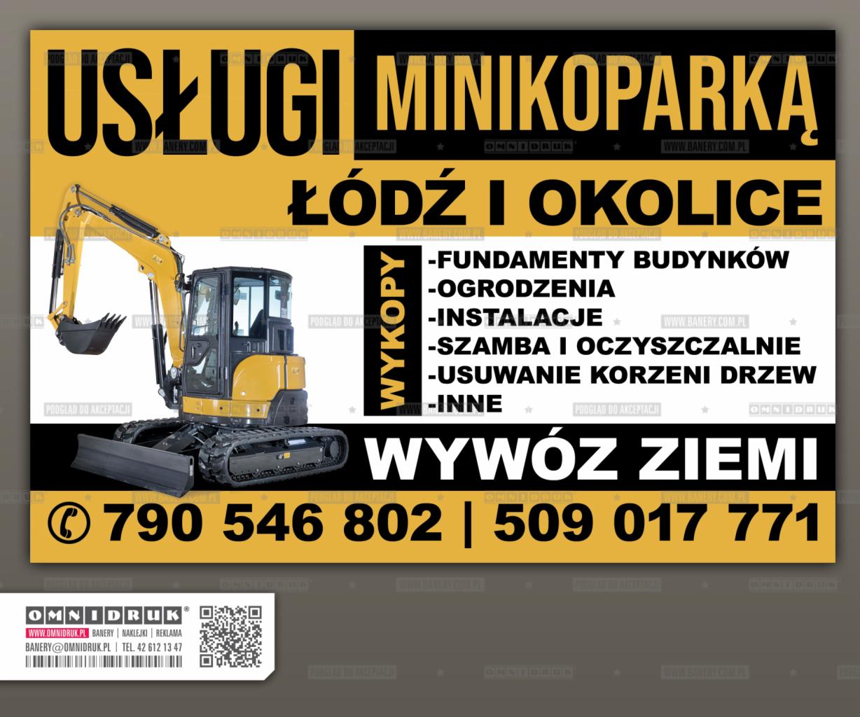 Żółty minikoparka na plakacie reklamowym z ofertą usług w Łodzi i okolicach, obejmujących wykopy pod fundamenty, ogrodzenia, instalacje, szamba, usuwanie korzeni oraz wywóz ziemi, z widocznymi...