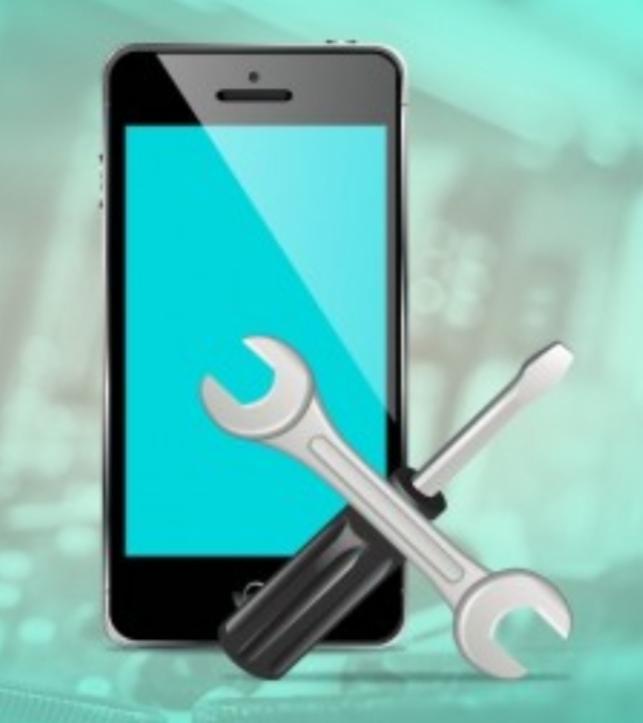Grafika wektorowa przedstawiająca smartfon z pustym ekranem, na którym skrzyżowane są klucz płaski i śrubokręt z czarną rączką, sugerujące naprawę urządzenia.