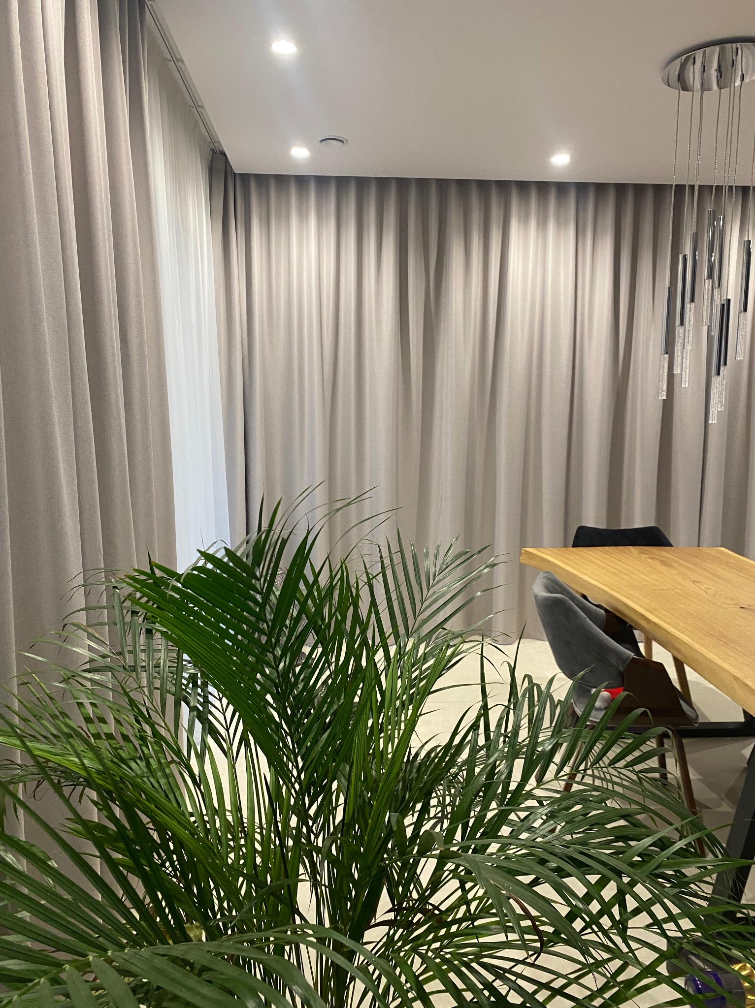 Beżowe zasłony w salonie z drewnianym stołem i palmą na pierwszym planie. Nowoczesna lampa wisząca. Stonowana kolorystyka wnętrza.