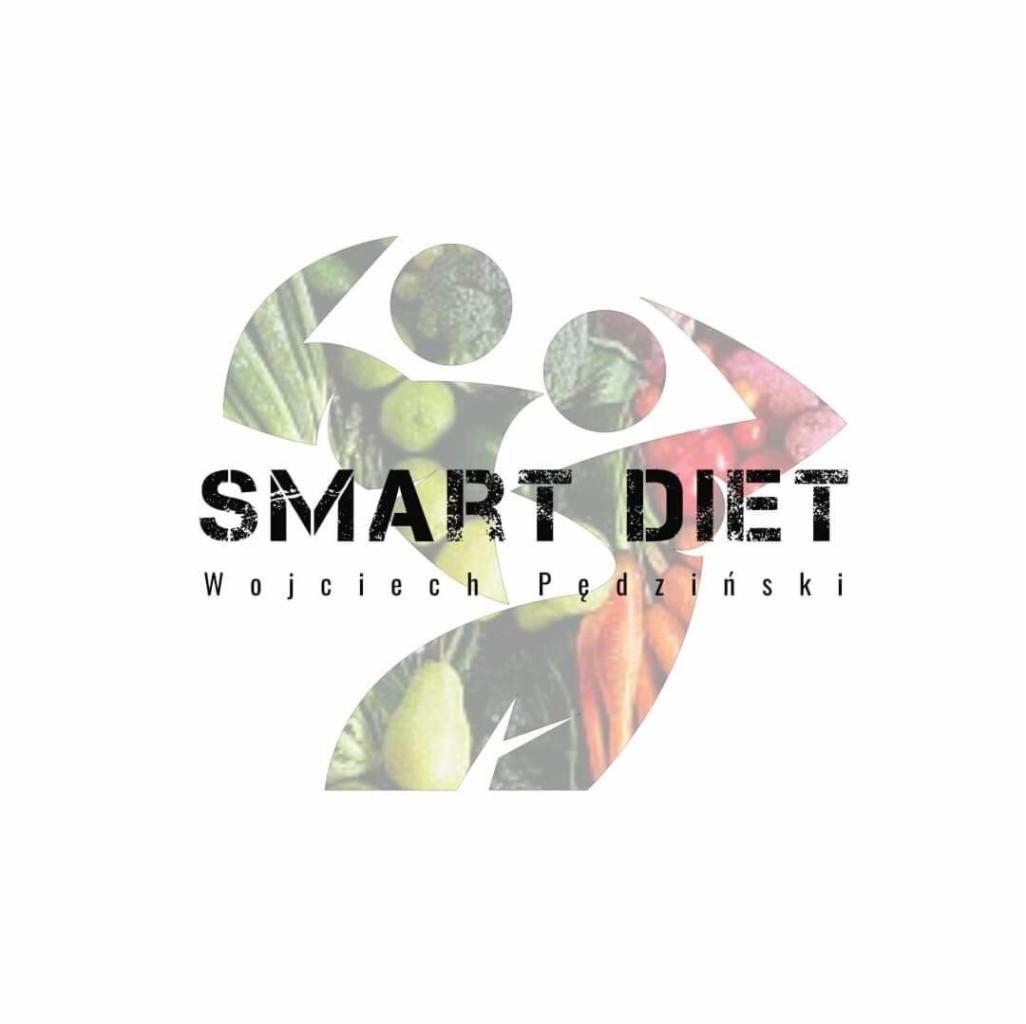 Graficzne logo 'Smart Diet Wojciech Pędziński' z sylwetkami osób wypełnionymi zdjęciami warzyw i owoców, takich jak brokuły, gruszki i marchewki.