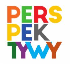 Napis 'PERSPEKTYWY' ułożony pionowo, każda litera w innym, jaskrawym kolorze na białym tle.