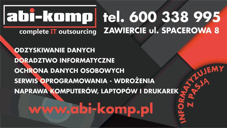 Grafika reklamowa firmy Abi-Komp oferującej usługi IT outsourcingu, odzyskiwania danych, doradztwa informatycznego, ochrony danych osobowych, serwisu oprogramowania i naprawy komputerów, laptopów...