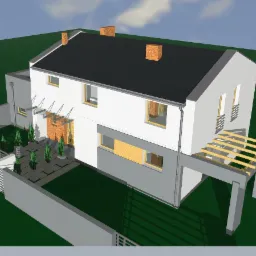 Wizualizacja 3D nowoczesnego domu dwukondygnacyjnego z płaskim dachem i elementami z cegły, prezentująca zagospodarowanie terenu z roślinnością i minimalistycznym ogrodzeniem.