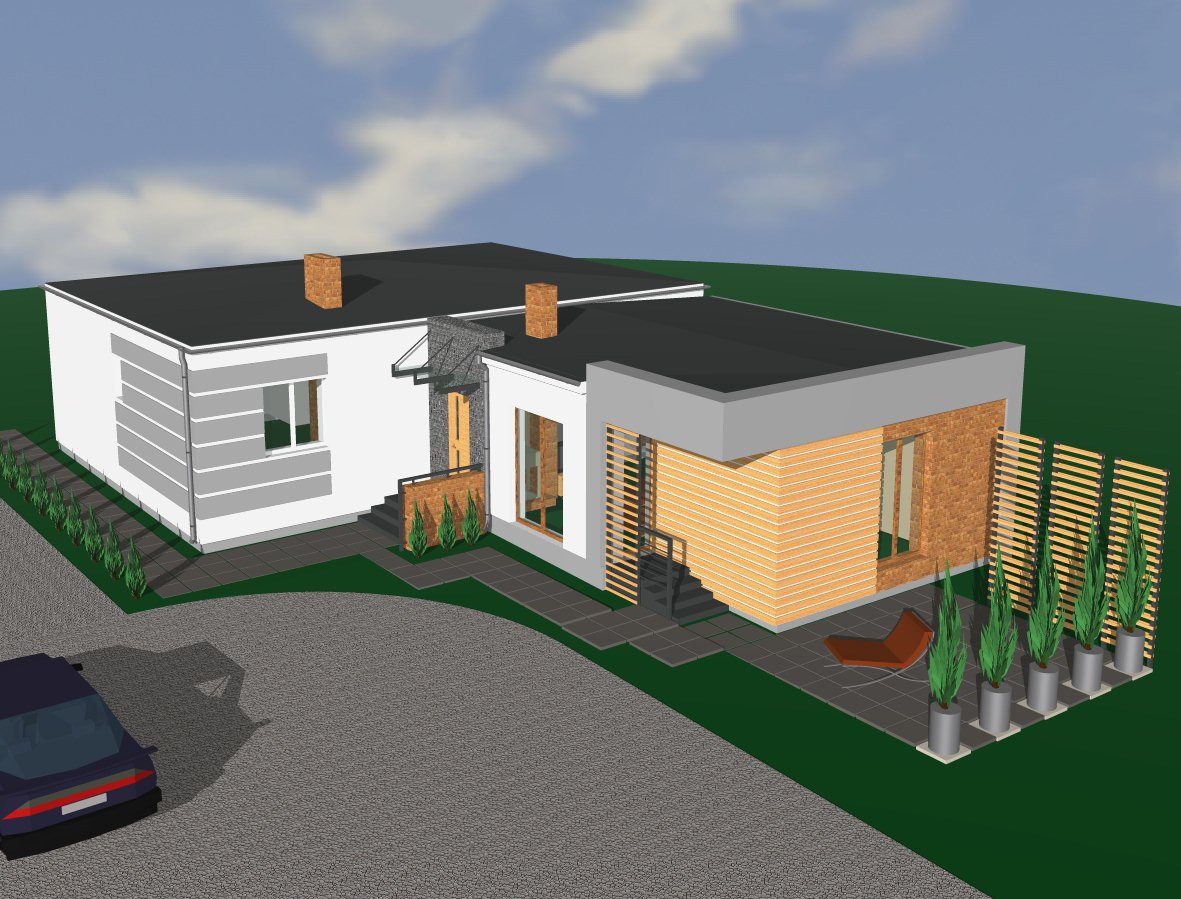 Wizualizacja 3D nowoczesnego parterowego domu z płaskim dachem, jasną elewacją z dekoracyjnymi poziomymi pasami, ceglaną dobudówką, drewnianym ażurowym ogrodzeniem, roślinami w donicach...