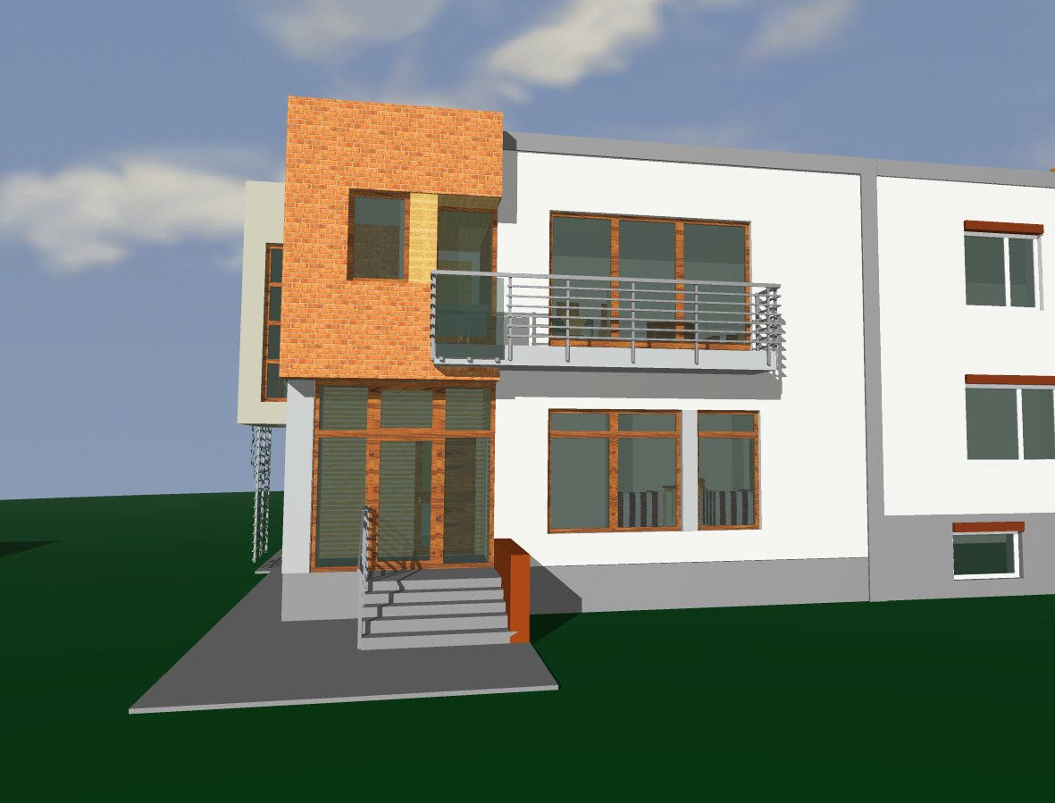 Wizualizacja dwukondygnacyjnego domu z ceglaną elewacją fragmentu i białymi ścianami, balkon z metalową balustradą, duże okna z drewnianą stolarką.