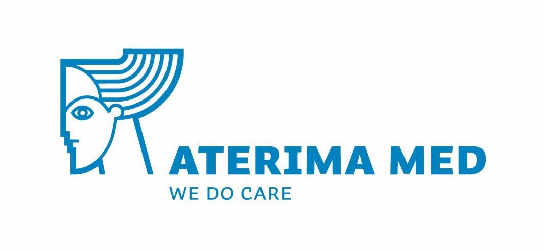 Niebieskie logo firmy Aterima Med z abstrakcyjnym profilem twarzy i hasłem 'We do care'.