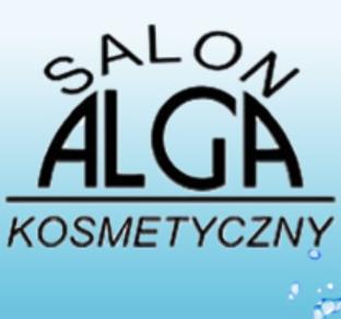 Logo salonu kosmetycznego ALGA na jasnoniebieskim tle z kroplami wody.