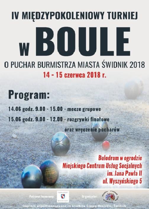 Plakat reklamujący IV Międzypokoleniowy Turniej w Boule o Puchar Burmistrza Miasta Świdnik 2018, z datami 14-15 czerwca, programem rozgrywek i kulami do gry na piasku.