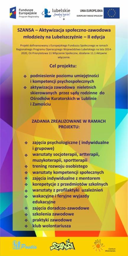 Plakat informacyjny programu 'SZANSA' - aktywizacja społeczno-zawodowa młodzieży na Lubelszczyźnie, edycja II. Zawiera cele projektu, zadania zrealizowane w ramach projektu, logotypy Funduszy...