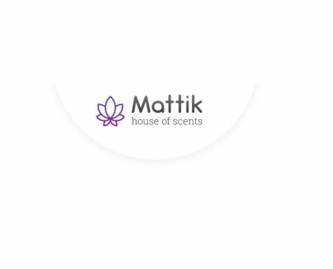 Logo firmy Mattik, z motywem kwiatu lotosu i napisem 'house of scents', na białym tle.