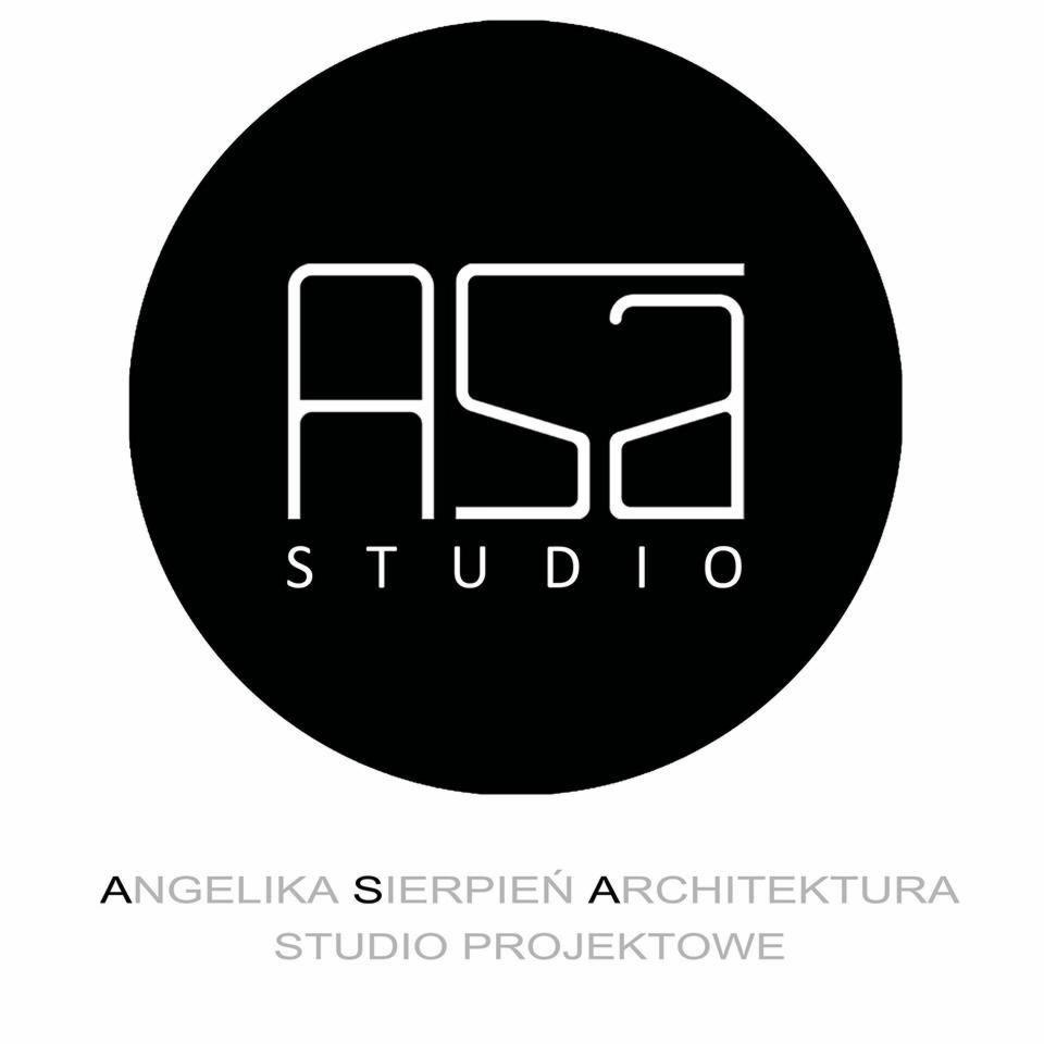 Logo studia projektowego Angelika Sierpień Architektura z geometrycznym symbolem ASA na czarnym tle.
