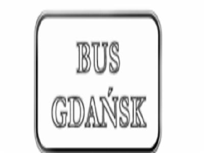 Tablica informacyjna z napisem 'BUS GDAŃSK', stylizowana na retro, z obramowaniem w kolorze szarym.
