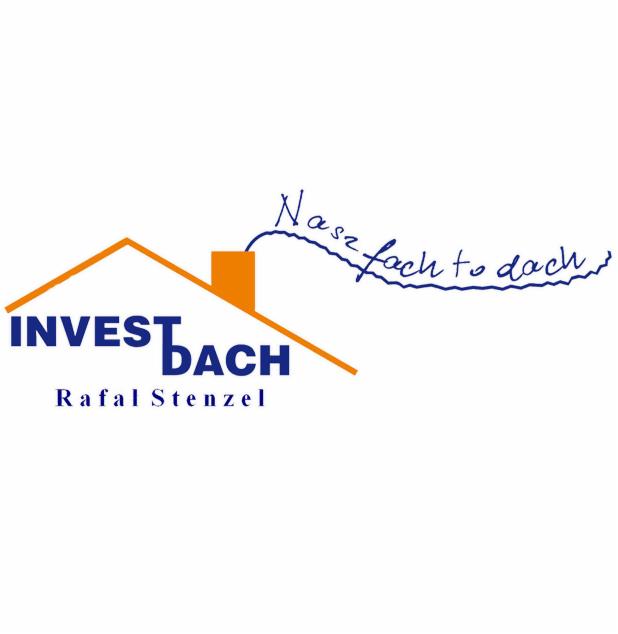 Logo firmy Invest Dach Rafał Stenzel z pomarańczowym symbolem dachu i napisem 'Nasz fach to dach' w niebieskiej, odręcznej czcionce.