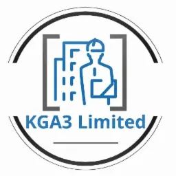 Logo firmy KGA3 Limited przedstawiające sylwetkę pracownika budowlanego na tle budynku, umieszczone w okręgu.