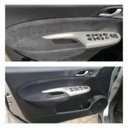 Dwa ujęcia tapicerki drzwi samochodu przed i po czyszczeniu, widoczne różnice w odcieniach szarości i usunięte zabrudzenia.