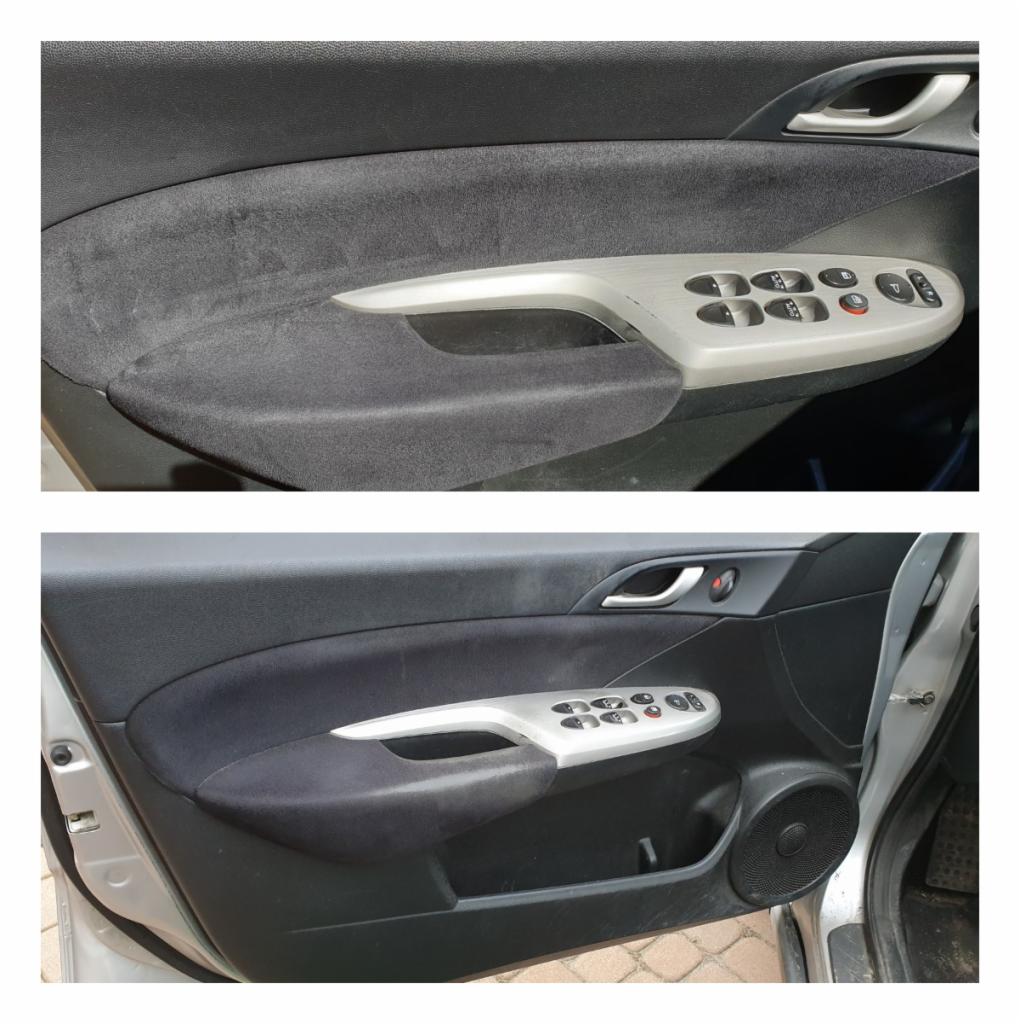 Dwa ujęcia tapicerki drzwi samochodu przed i po czyszczeniu, widoczne różnice w odcieniach szarości i usunięte zabrudzenia.