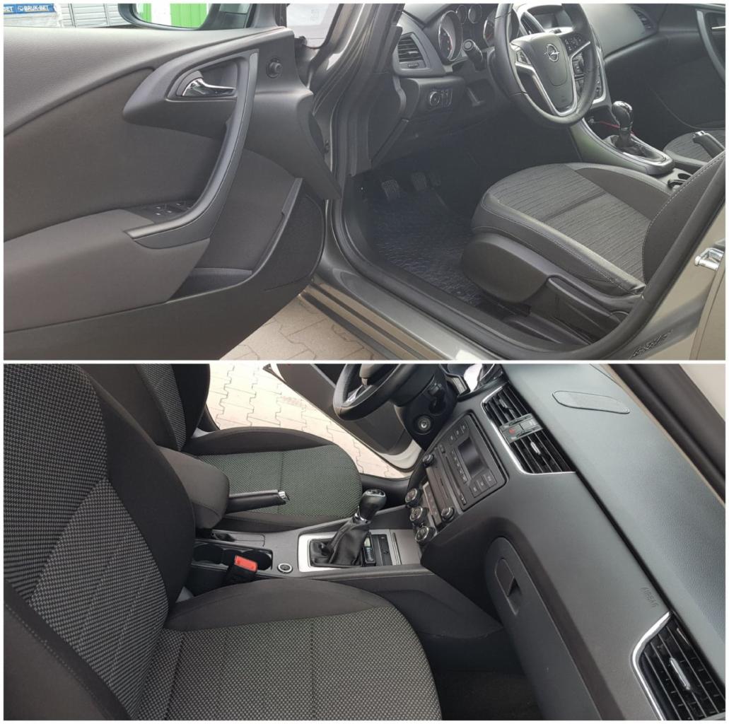 Dwa ujęcia wnętrza samochodu: widok na deskę rozdzielczą, kierownicę i fotel kierowcy w górnej części oraz zbliżenie na fotel pasażera, konsolę środkową i dźwignię zmiany biegów w dolnej części.