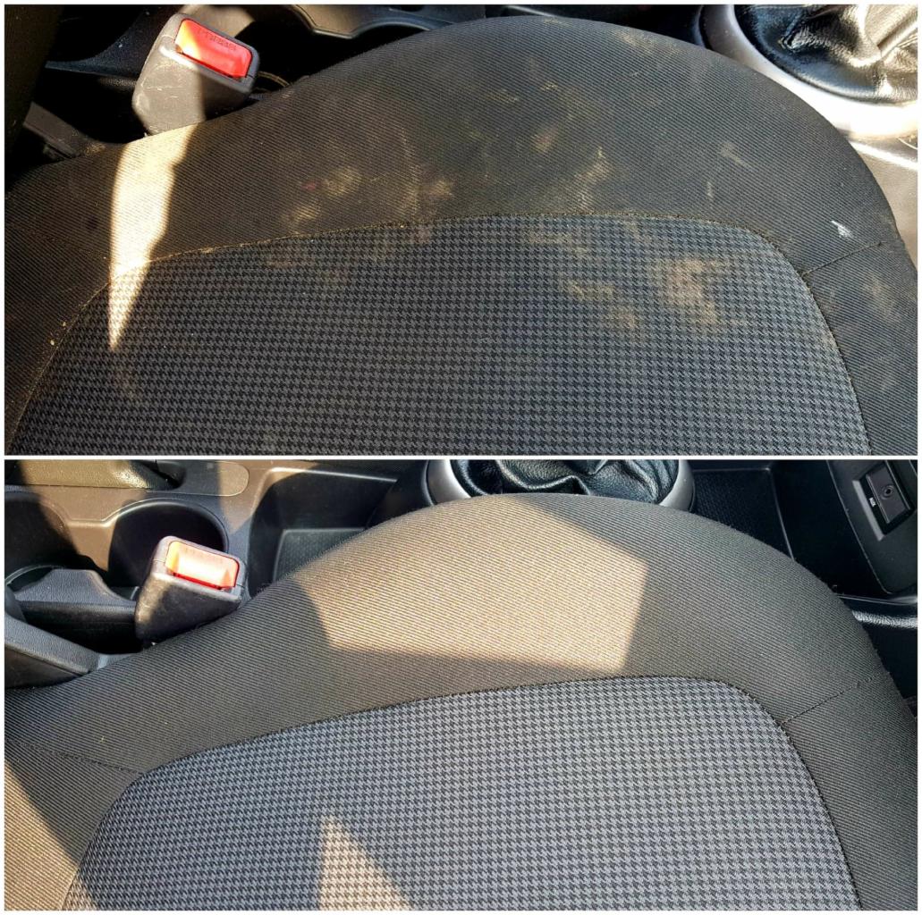 Fotografia przedstawia porównanie stanu fotela samochodowego przed i po czyszczeniu. Górna część ukazuje zabrudzoną tapicerkę, natomiast dolna część prezentuje ten sam fotel po usunięciu plam...