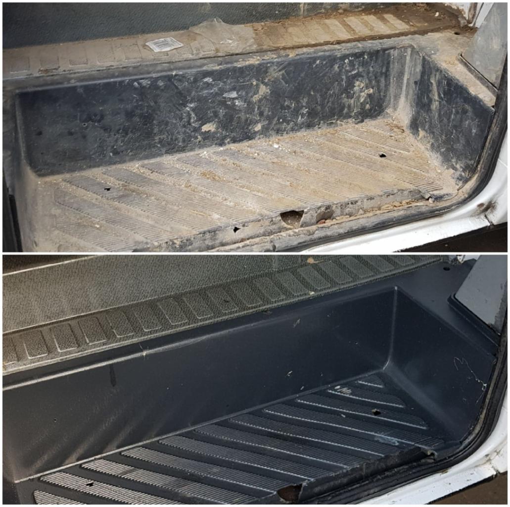 Porównanie stanu podłogi bagażnika busa przed i po czyszczeniu: widoczne zabrudzenia i ubytki przed, czysta, ciemnoszara powierzchnia po.