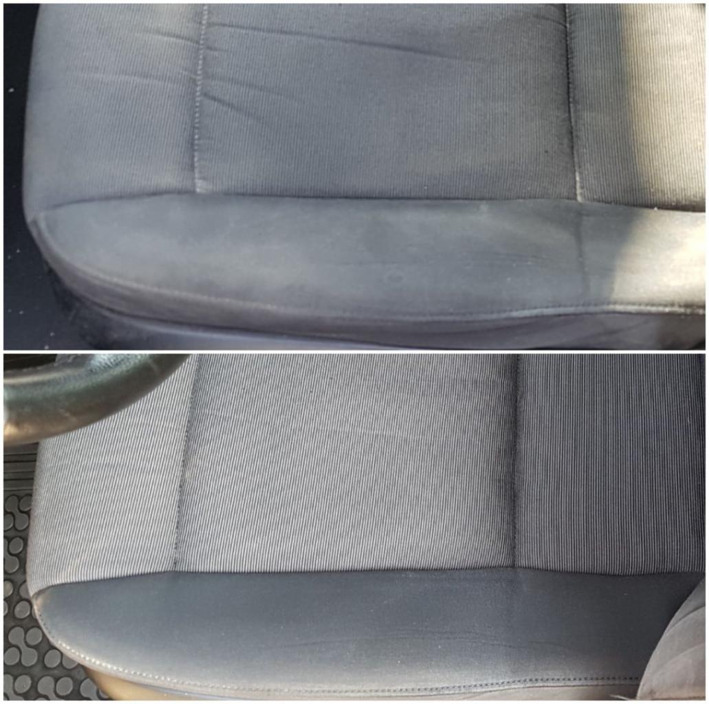 Porównanie: fotel samochodowy z szarej tkaniny, górna część przed czyszczeniem z widocznymi plamami i zabrudzeniami, dolna część po czyszczeniu, odświeżona i czysta, widoczna część kierownicy.