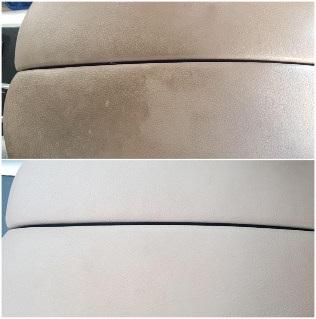 Porównanie: tapicerka samochodowa w kolorze beżowym, widoczna część przed czyszczeniem z plamami i przebarwieniami, a poniżej ta sama część po czyszczeniu, odzyskana jasność i jednolity kolor.