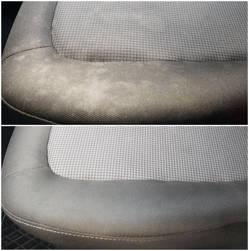 Tapicerka samochodowa w odcieniach szarości, widok przed i po czyszczeniu, ukazujący różnicę w wyglądzie i usunięcie plam.