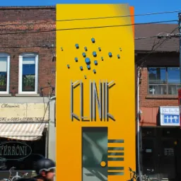 Żółta elewacja budynku usługowego z napisem 'KLINIK' w srebrnych literach i niebieskimi kropkami, obok budynek z cegły i rower zaparkowany na chodniku, przejeżdżający rowerzysta.