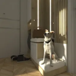 Nowoczesny przedpokój z drewnianą zabudową, oświetleniem LED i psem siedzącym na siedzisku; obok leżą czarne buty.