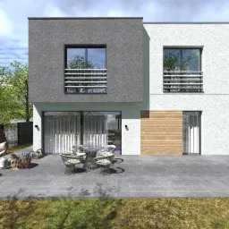 Wizualizacja nowoczesnego, dwukondygnacyjnego domu z płaskim dachem, szarą elewacją i dużymi oknami z poziomymi barierkami, taras z meblami ogrodowymi.