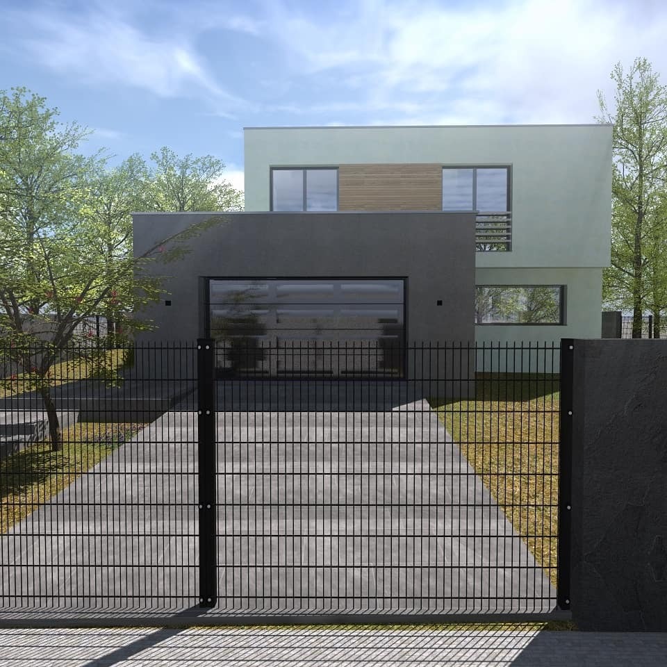 Wizualizacja nowoczesnego, dwukondygnacyjnego domu z płaskim dachem w Rudzie Śląskiej, widzianego zza czarnego, metalowego ogrodzenia panelowego z bramą wjazdową i betonowego murku.