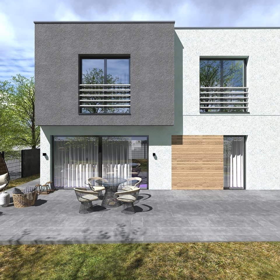 Wizualizacja nowoczesnego, dwukondygnacyjnego domu z płaskim dachem, szarą elewacją i dużymi oknami z poziomymi barierkami, taras z meblami ogrodowymi.