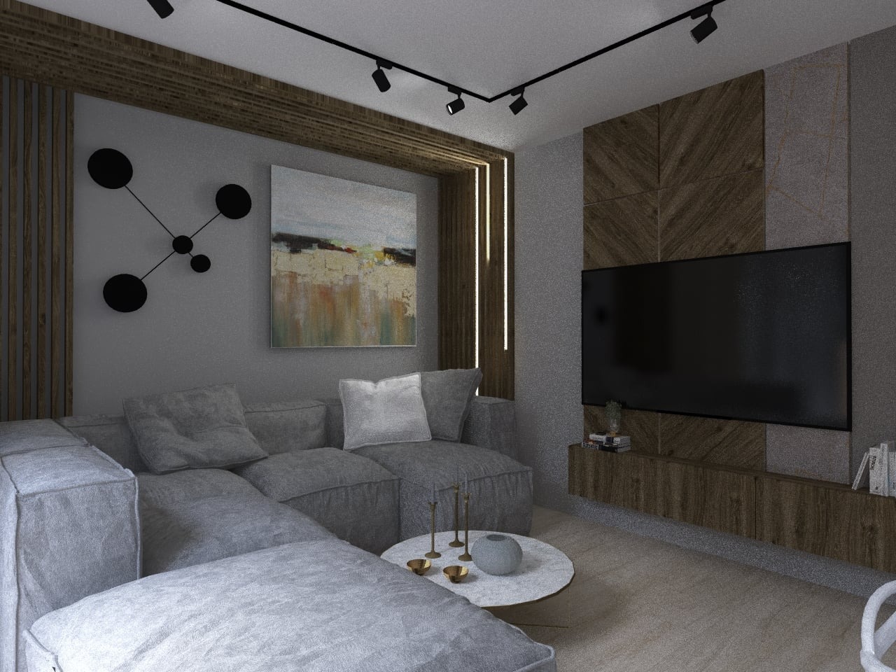 Wizualizacja salonu z szarą sofą modułową, abstrakcyjnym obrazem i dekoracją ścienną z drewnianych paneli, oświetlenie szynowe sufitowe.