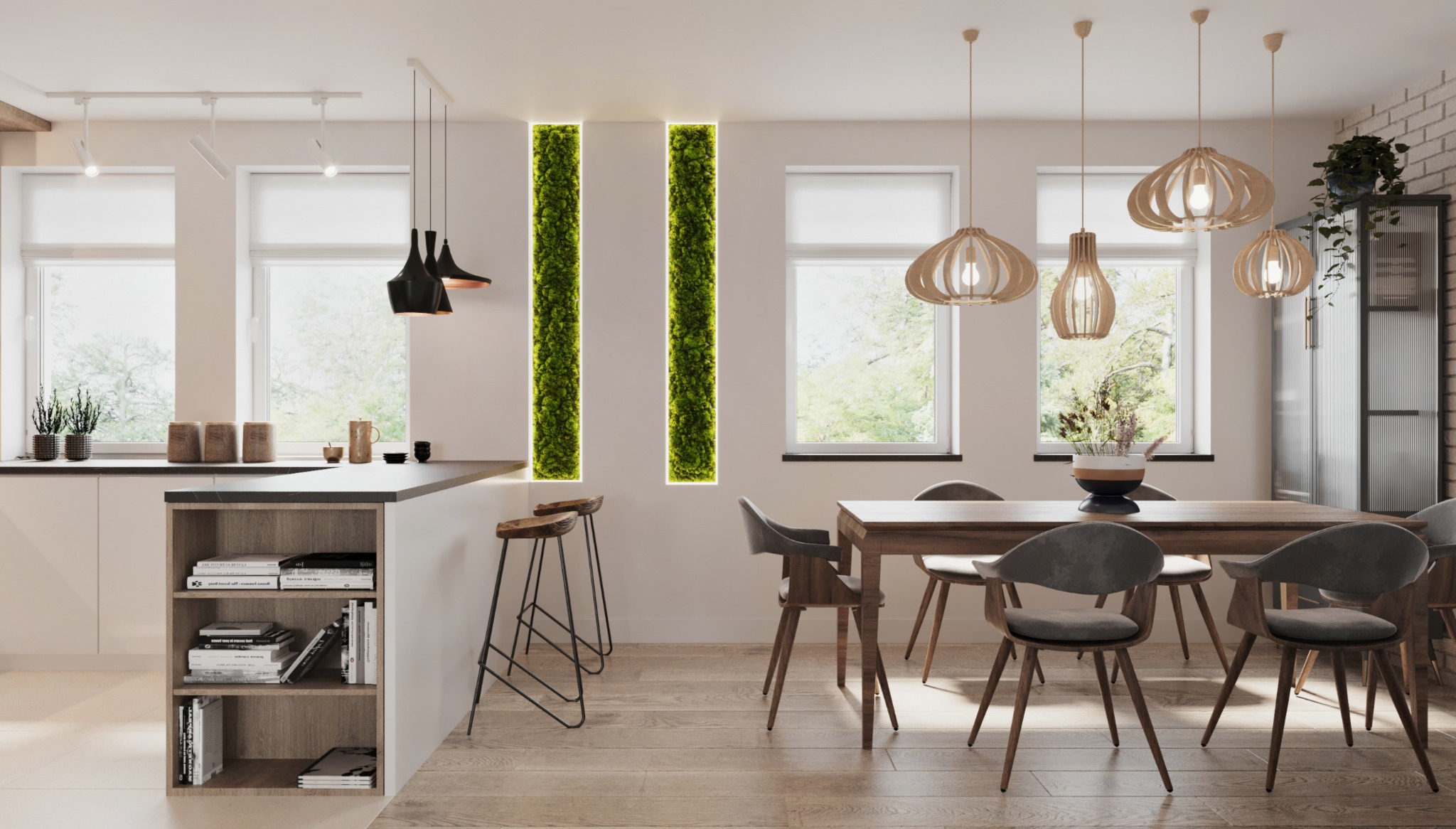 Jasne wnętrze: kuchnia z wyspą i jadalnia z drewnianym stołem, krzesłami z szarej tkaniny, wiszącymi lampami z ażurowego drewna oraz pionowymi panelami z mchu.