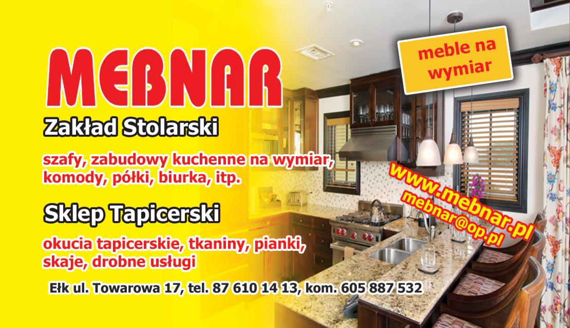 Reklama zakładu stolarskiego i sklepu tapicerskiego MEBNAR z Ełku, prezentująca fragment kuchni z blatem i krzesłami barowymi, z widocznym adresem strony internetowej i danymi kontaktowymi.