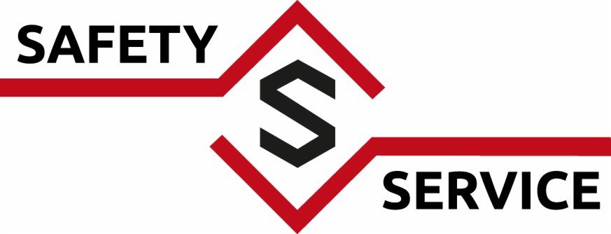 Logo firmy oferującej usługi związane z bezpieczeństwem, z napisem 'SAFETY SERVICE' i stylizowaną literą 'S' w czerwono-czarnej kolorystyce.