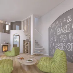 Wizualizacja pokoju dziecięcego z kominkiem, drewnianymi schodami i ścianą z rysunkami kredą 'Back to School'.