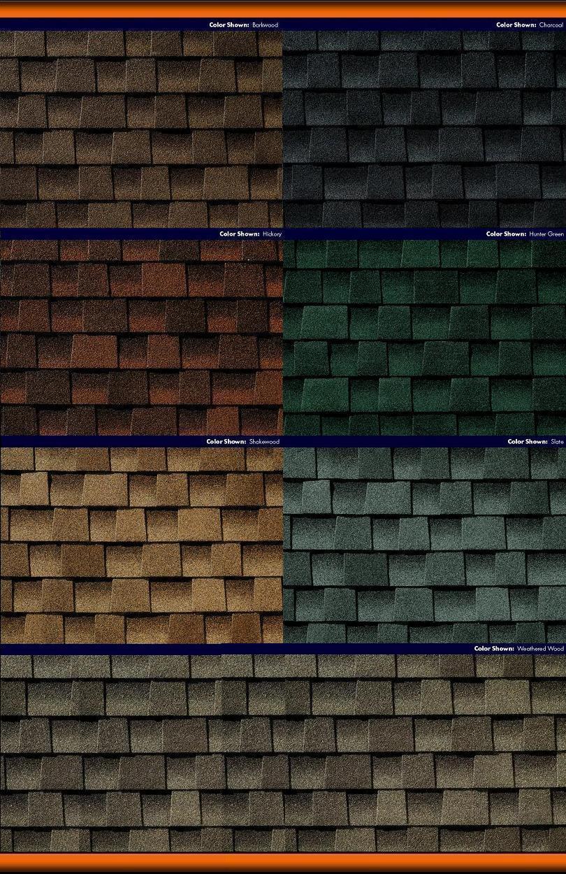 Przykładowe tekstury i kolory gontu bitumicznego GAF, w tym odcienie Barkwood, Charcoal, Hickory, Hunter Green, Shakewood, Slate i Weathered Wood, prezentowane w układzie mozaikowym.