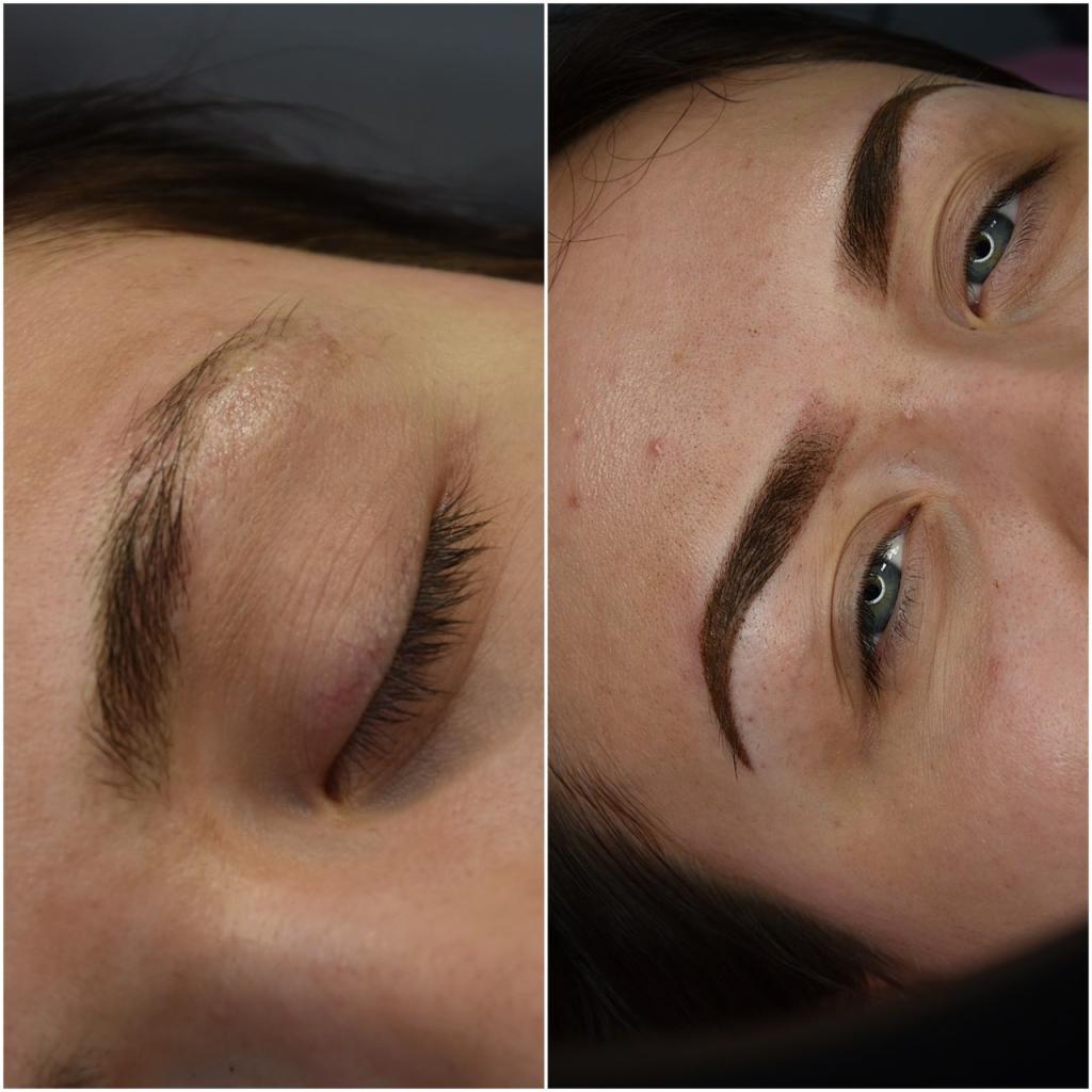 Porównanie brwi przed i po zabiegu: po prawej wyregulowane i podkreślone, po lewej naturalne, oko zamknięte.