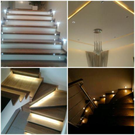 Kolaż czterech ujęć schodów z podświetleniem LED: schody z jasnego drewna z białymi podstopnicami, widok od dołu; sufit z oświetleniem LED i kryształowym żyrandolem; schody z ciemnego drewna...