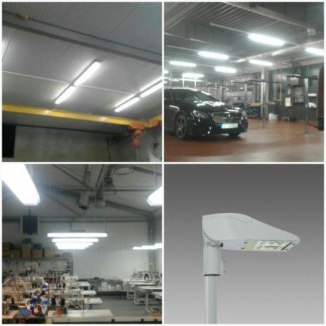 Kolaż zdjęć przedstawiających oświetlenie przemysłowe: lampy fluorescencyjne pod sufitem hali produkcyjnej z suwnicą, oświetloną halę garażową z czarnym samochodem, oświetlenie w szwalni oraz lampę...