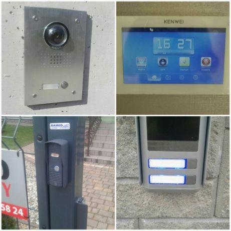 Kompozycja czterech ujęć: stalowy panel domofonu z kamerą na szarej ścianie, biały monitor wideodomofonu KENWEI wyświetlający godzinę 16:27, zewnętrzny panel domofonu na metalowym słupku ogrodzenia...