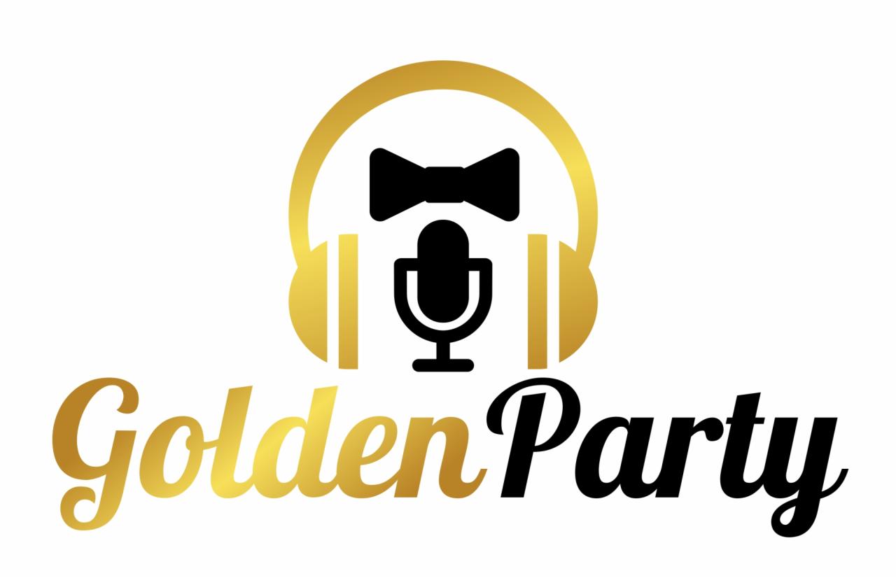 Logo 'Golden Party' z elementami graficznymi: złote słuchawki, czarna mucha i mikrofon na białym tle.