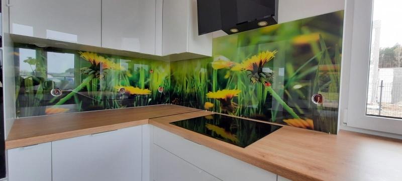 Szklany panel ścienny w kuchni z motywem łąki i dmuchawców, widoczne gniazdka elektryczne w panelu, blat drewniany, białe szafki, czarna płyta indukcyjna.