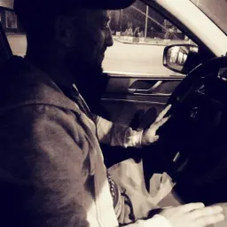 Kierowca w czapce, profil twarzy widoczny w słabym oświetleniu wnętrza samochodu, na siedzeniu torba z nadrukiem.