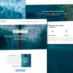 Zrzut ekranu responsywnego projektu strony internetowej z motywem morskim, prezentujący teksty reklamowe i logo firmy copywritingowej.