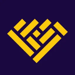 Abstrakcyjny, geometryczny logotyp w kształcie rombu złożony z żółtych prostokątów na fioletowym tle. Minimalistyczny design.