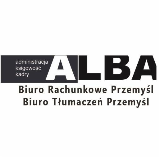 Logo biura rachunkowego ALBA z Przemyśla, oferującego usługi z zakresu administracji, księgowości i kadr, a także tłumaczeń.