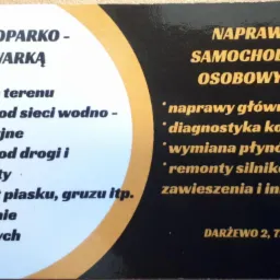 Wizytówka firmy oferującej usługi koparko-ładowarką oraz naprawę samochodów osobowych, z wyliczeniem zakresu prac: niwelacja terenu, wykopy pod sieci, transport gruzu, naprawy główne, diagnostyka...
